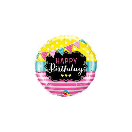 Balon foliowy 18" QL CIR "Happy Birthday Pennants &Pink Stripes"