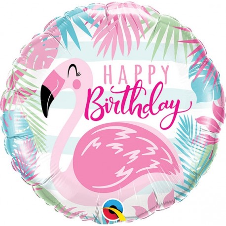 Balon foliowy 18" QL CIR "Birthday Pink Flamingo"