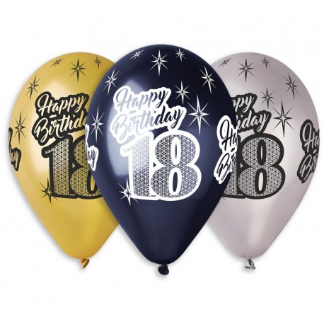 Balony gumowe "Happy Birthday 18", metaliczne, 12" / 6 szt.