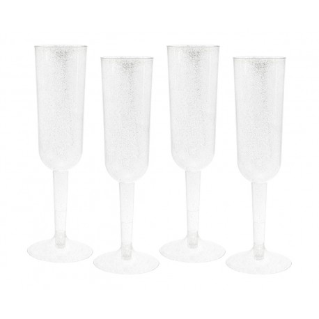 Kieliszki do szampana, plastikowe, srebrny brokat, 4 szt.