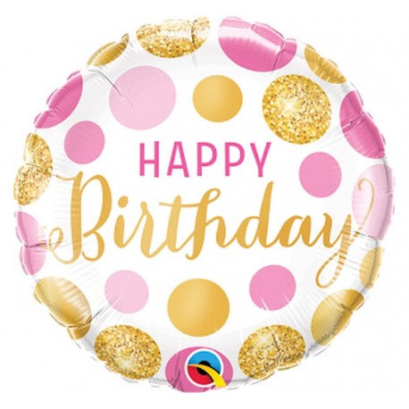 Balon foliowy 18" - "Happy Birthday Pink & Gold Dots"