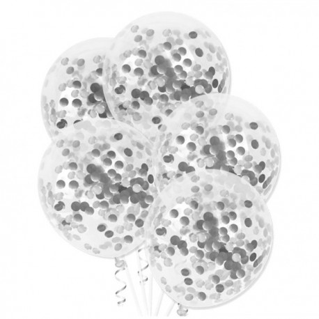 Balony przezroczyste ze srebrnym konfetti w środku - 30 cm - 6 szt.