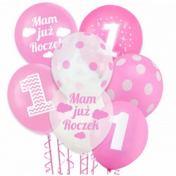 Balon dekoracyjny, różowy "Mam już roczek" chmurki - białe