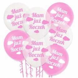 Balon dekoracyjny, różowy "Mam już roczek" chmurki - białe