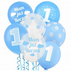 Balon dekoracyjny, przeźroczysty "Mam już roczek" chmurki - niebieske