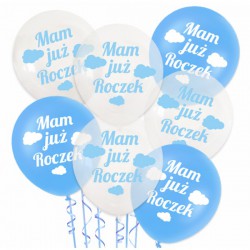 Balon dekoracyjny, przeźroczysty "Mam już roczek" chmurki - niebieske