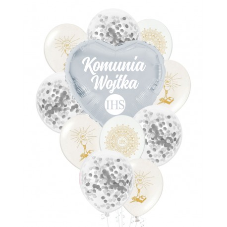 Balony zestaw srebrny KOMUNIA + IMIĘ personal