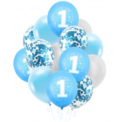 Zestaw balonów Roczek konfetti niebieski 14szt