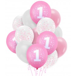 Zestaw balonów Roczek konfetti różowy 14szt