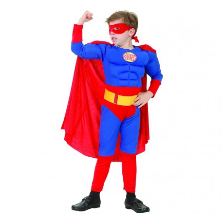 Strój dla dzieci SUPERBOHATER z muskułami (kostium z muskułami, peleryna, maska, pas), rozm. 120/130 cm