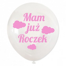 Balon dekoracyjny, przeźroczysty "Mam już roczek" chmurki - różowe